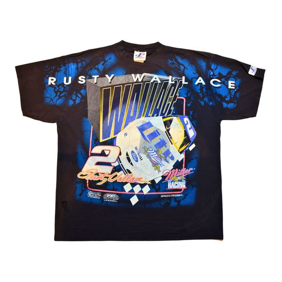 Vintage NASCAR All Over Print AOP T-Shirt [XL] Rusty Wallace #2 Miller Lite 1997